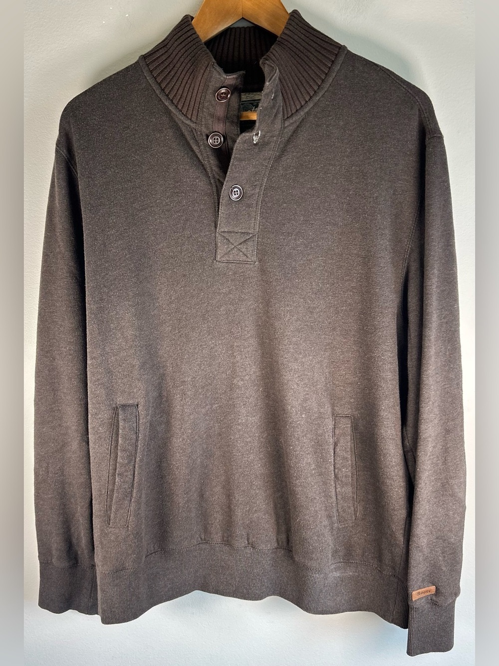 Roots Canada Men’s Sweater Pullover Size L Brown Ribbed Mock Neck Knit Cotton